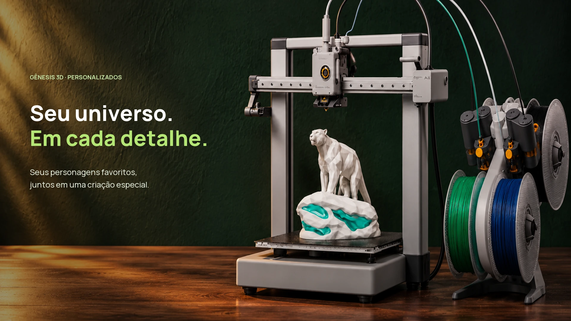 Gênesis 3D. Seu universo.  Em cada detalhe. . Seus personagens favoritos, juntos em uma criação especial. Impressora 3D com peça em produção e filamentos, conforme a imagem enviada