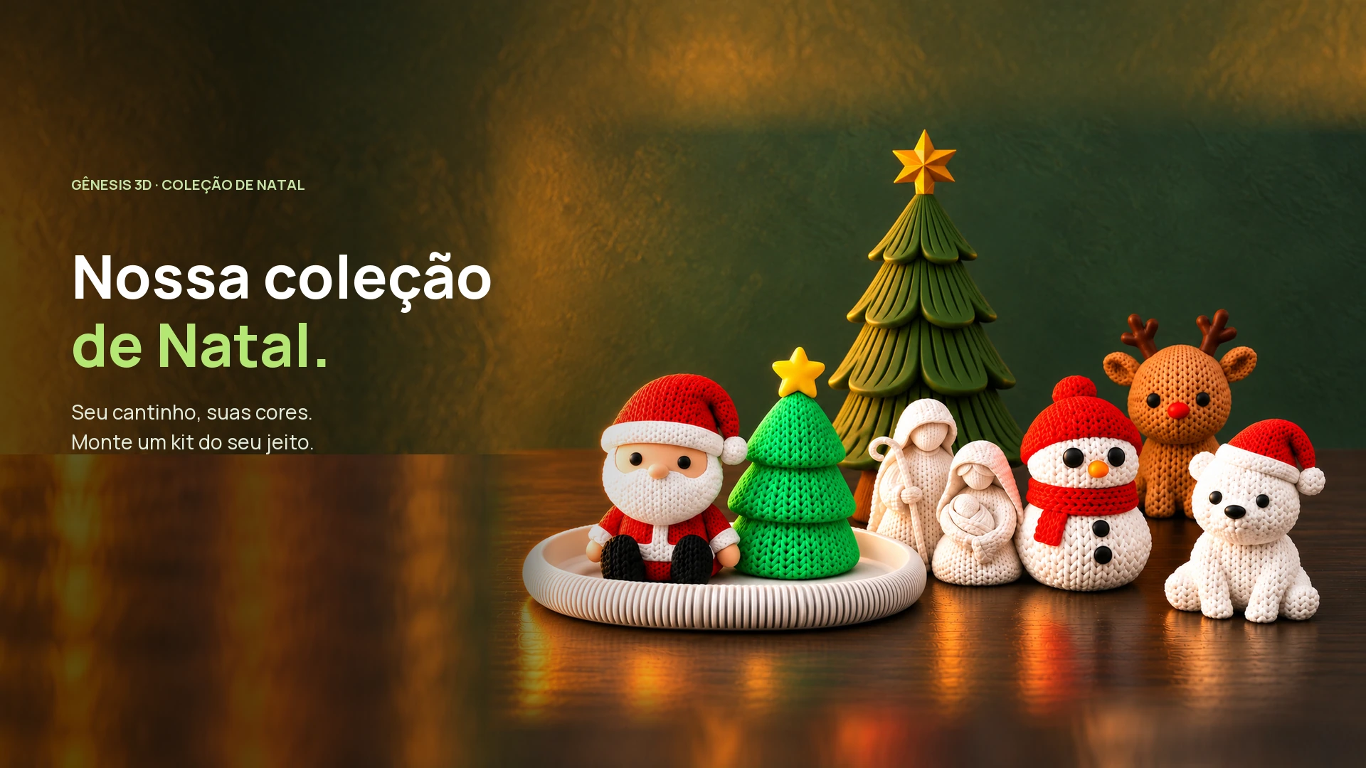 Gênesis 3D. Nossa coleção de Natal. . Seu cantinho, suas cores. Monte um kit do seu jeito. Composição de Natal com árvore oliva, presépio branco e peças de tricô juntas na mesma mesa