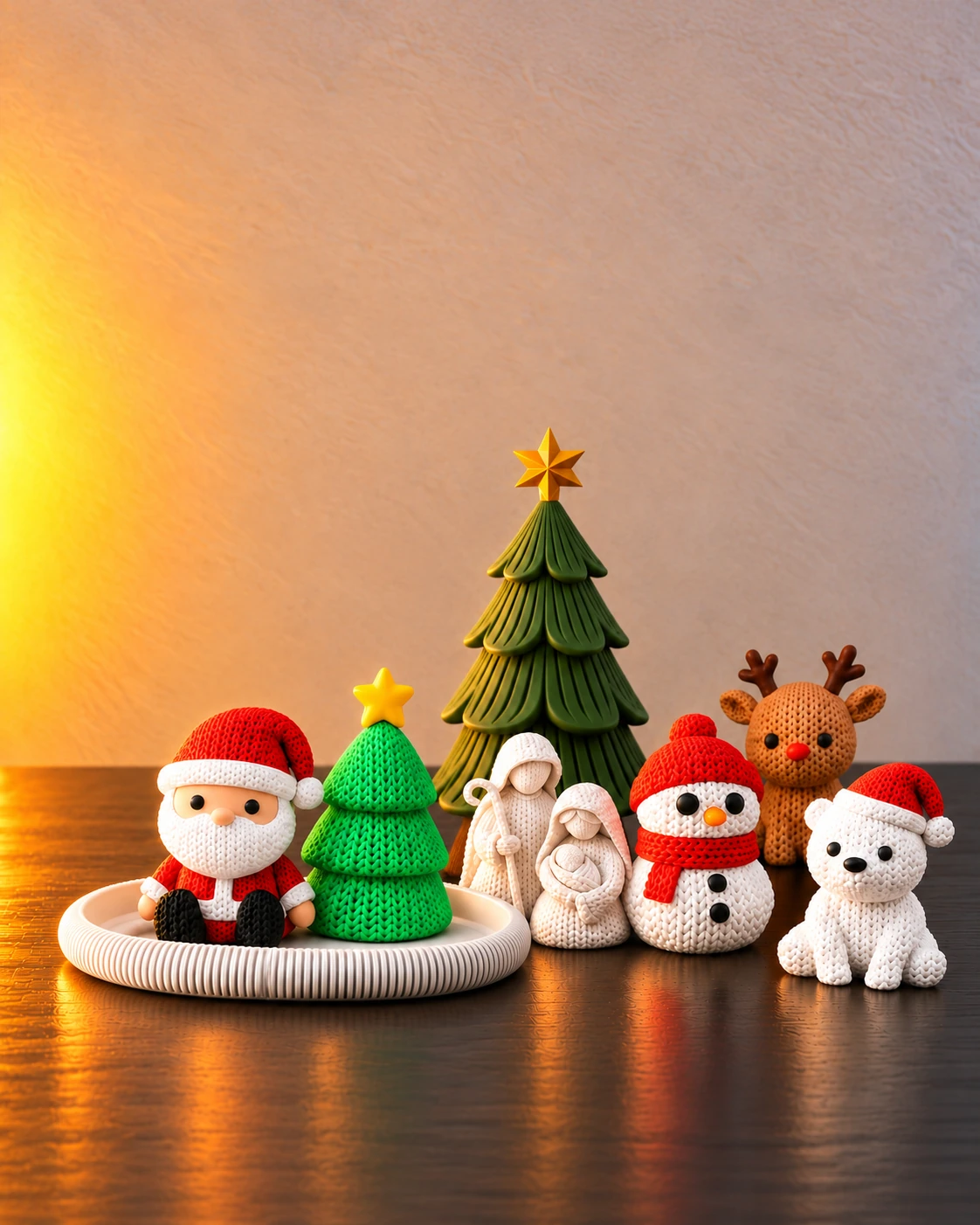 Composição de Natal com bandeja, árvore de tricô e Papai Noel